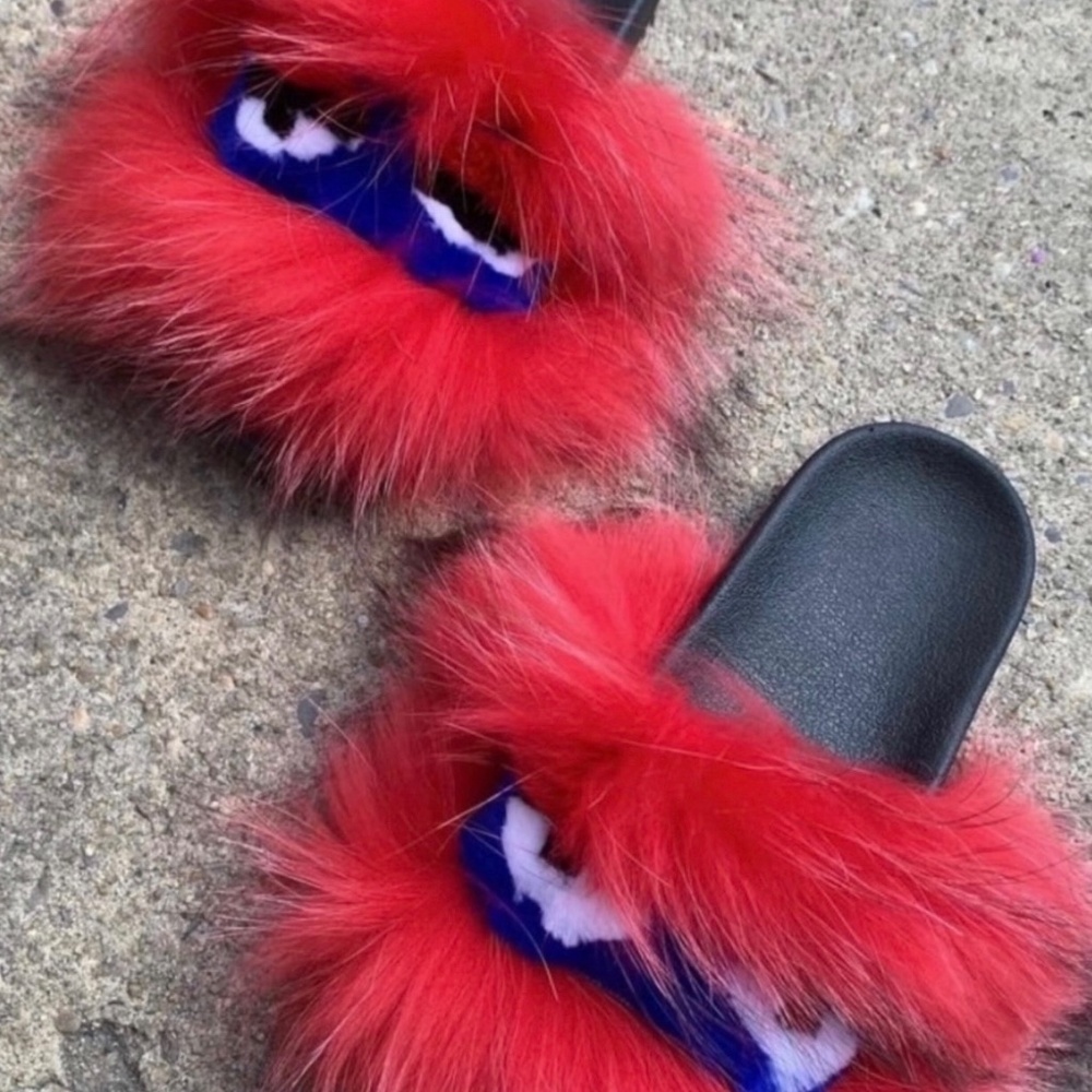 Red Monsta Real Fur Custom Slides Sizes 9.5,10 - image 3